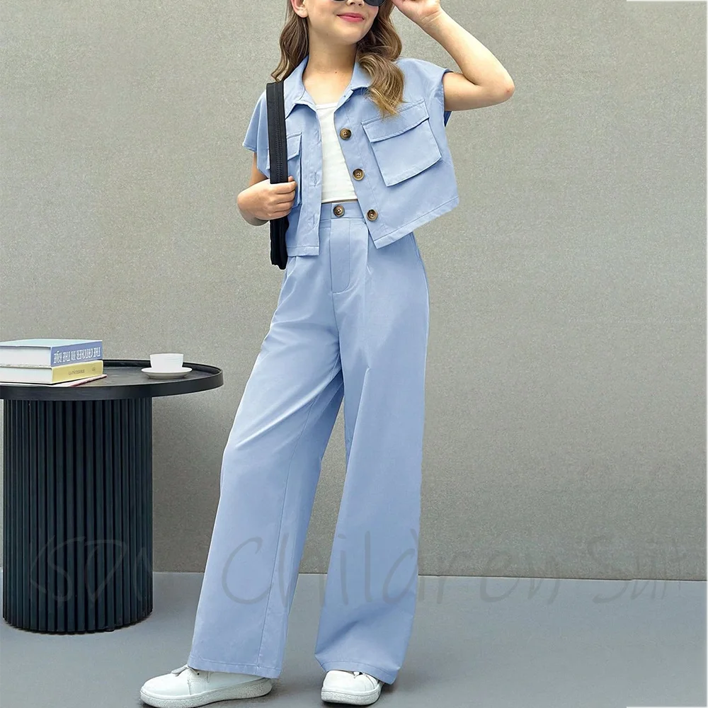 Casual Solid Color Girl Suit Blazer Chic Single Breasted Stand Lapel Children Clothing Elegant Fashion Daily Outfit Two Piece