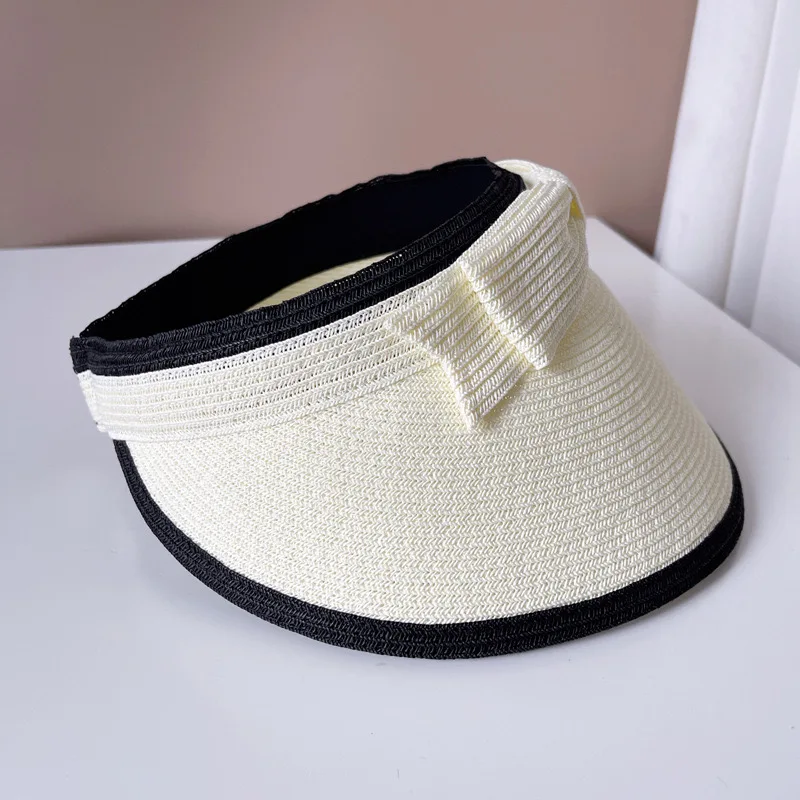 Japanese Fashion UV-CUT Women\'s Wide Brimmed Straw Hat With Black And White Bow Summer Beach Hat Riding Hat High-quality