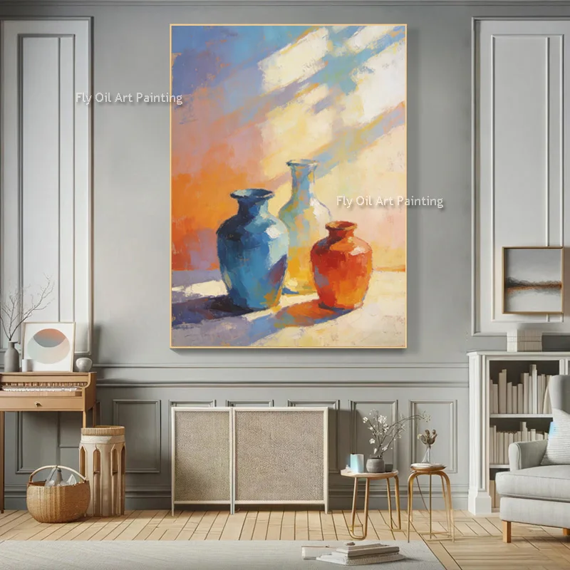 

Handmade Orange Yellow Artwork New Popular Blue Flower Vase Wall Art On Canvas Large Light Pink Oil Painting For Home Decor