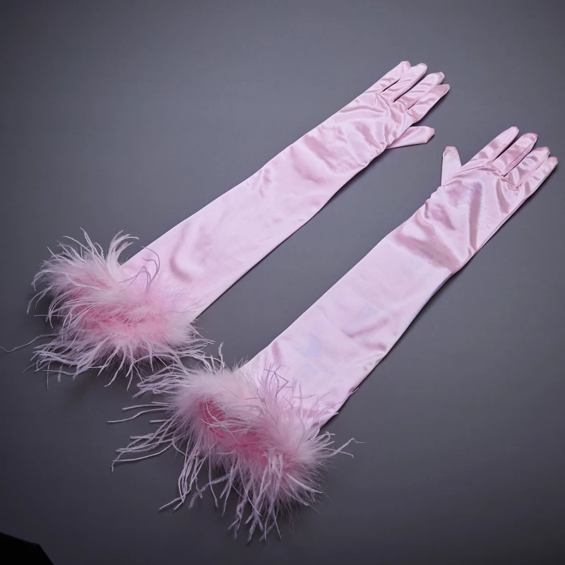 Women\'s Elegant Ostrich Feather Patchwork Long Velvet Glove Female Spring Summer Vintage Sunscreen Driving Photograph Glove R551