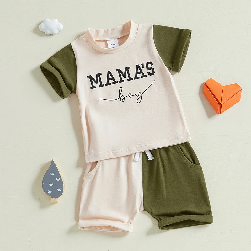 Conjunto de 2 piezas de trajes de Color contrastante para bebés de 0 a 3 años, camiseta de manga corta con estampado de letras + pantalones cortos de cintura elástica con bolsillos