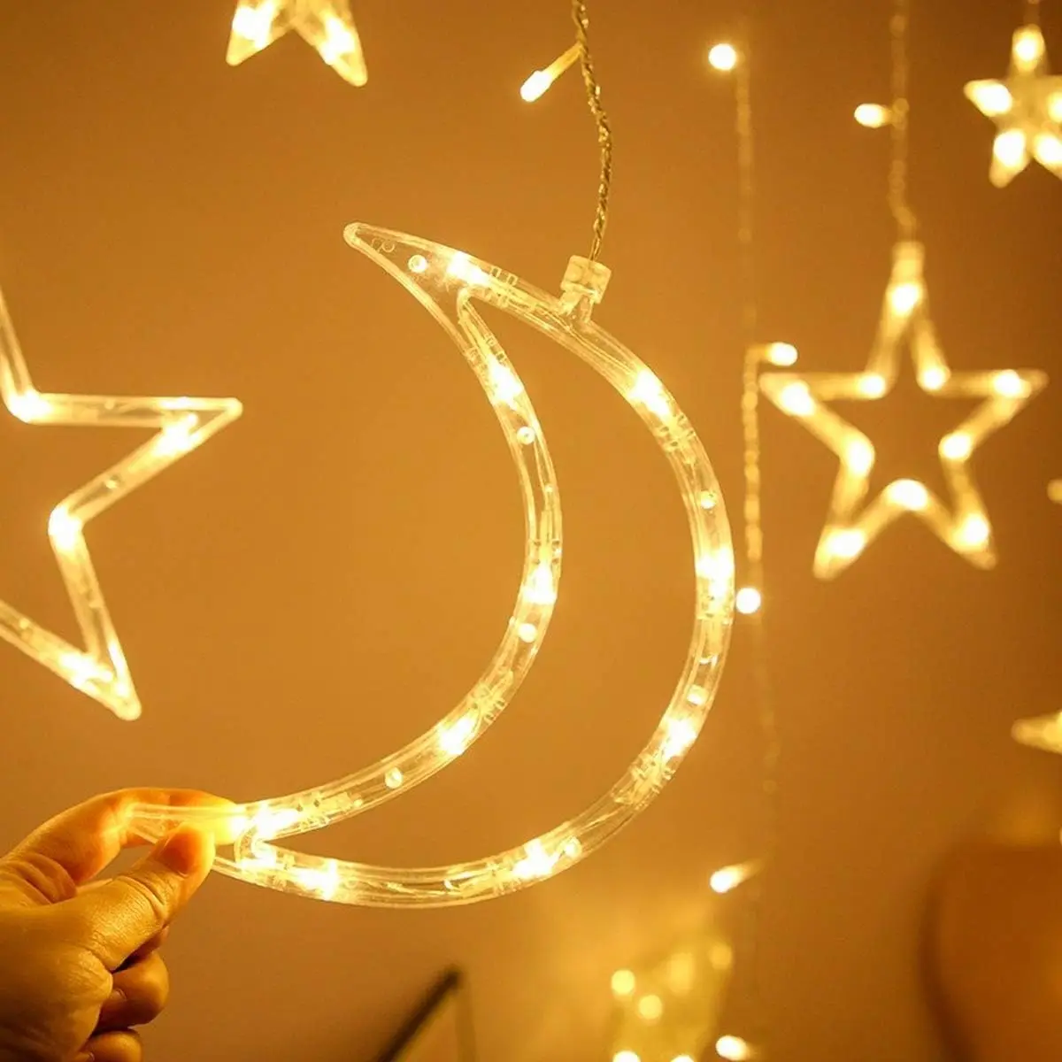 Guirnalda de luces de energía Solar para exteriores, guirnalda de luna y estrella, lámpara LED de hadas para jardín, 8 modos, decoraciones navideñas para bodas