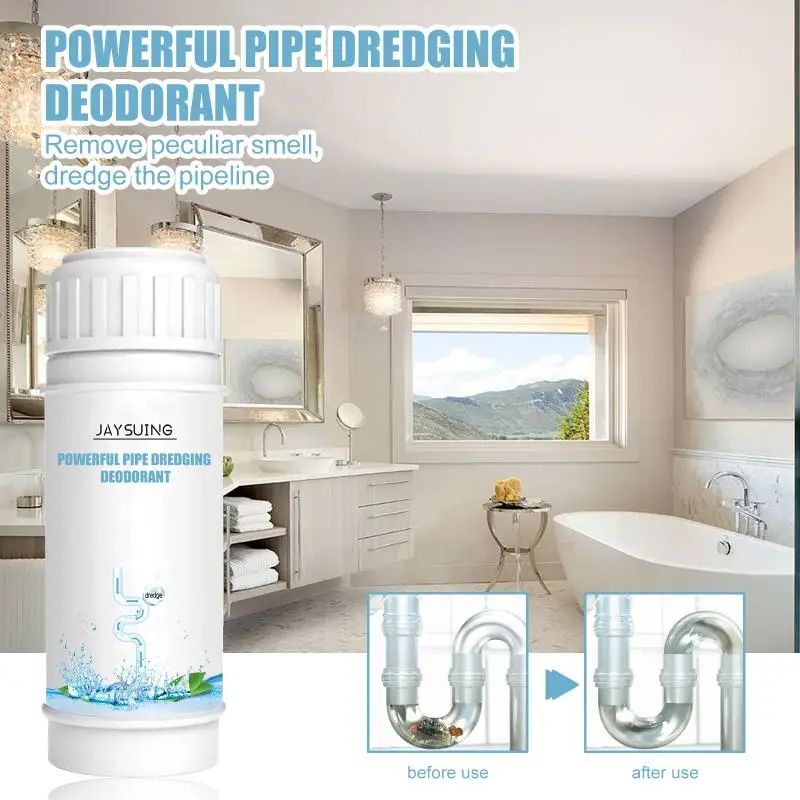 Drain cleaner for unclogging toilets, kitchen drains, and floor drains; removes blockages and odors.