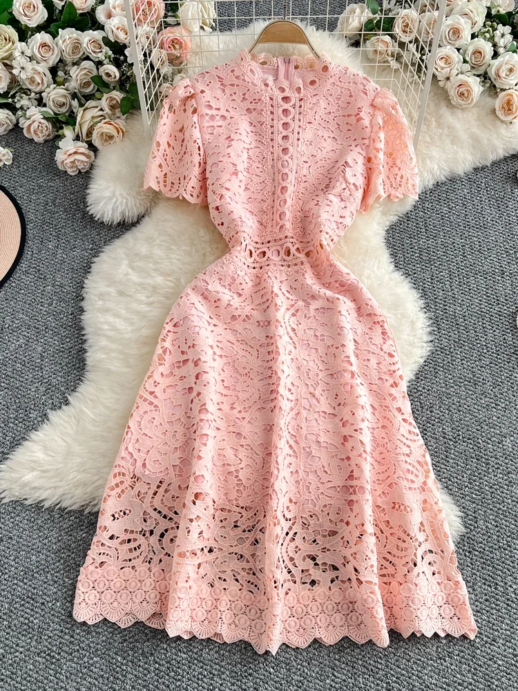 Slimming ort Sve Hollow out Waist-Cinched Hook-Design Dres Women's Faionable New Arrival Spring Summer Korean Sle