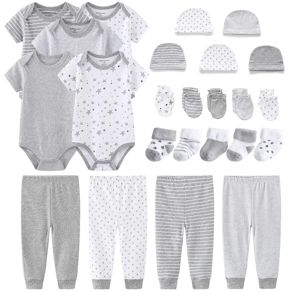 Solid Color New Born Cotton Bodysuits+Pants+Gloves+Hats+Socks Baby Girl Clothes Unisex Short Sleeve Baby Boy Clothes Sets Bebes