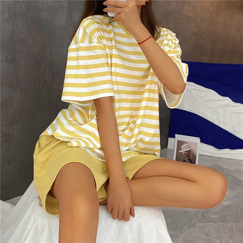 Short Sleeve Set Ladies Pajamas with Chest Pad Women Summer Pajama Sets Printed Sleepwear Casual Pajamas Home Suit