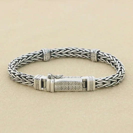 S925 sterling silver bracelet, trendy men's fashionable retro dragon bone, peace pattern woven chain, simple single personality