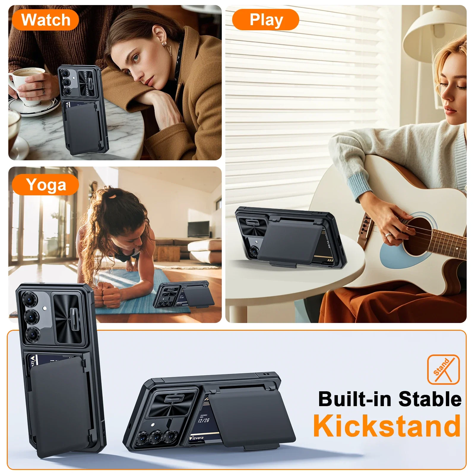 هدية عيد الميلاد، لحافظة الهاتف Samsung S25 Plus، مع حامل البطاقة وحامل حافظة الكاميرا، حافظة مقاومة للصدمات RFID - أسود #6