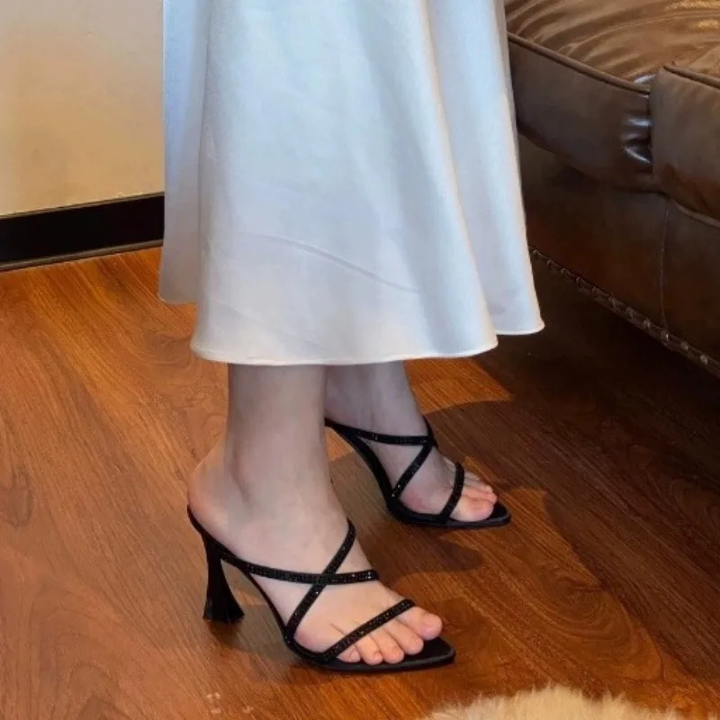 Black High Heels Female Rhinestones Pointed Toe Sandals 9CM Thin Heel Sexy Spring Summer Fashion Shoes Wedding Dress Women Shoe