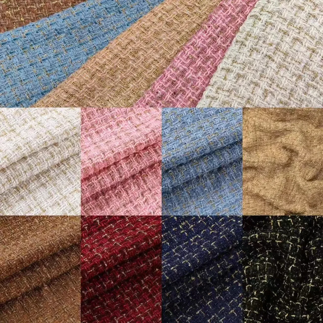 Coarsely Woven Small Fragrance Style Fabric Gold Wire Grid Modern Tweed Stretch Fashion Women's Clothing Craft Fabric