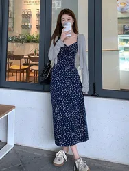Korean Sexy Dress Sets Women Print Lace Patchwork Spaghetti Strap Dress Fashion All Match Solid Long Sleeve Top Ladies Two Piece