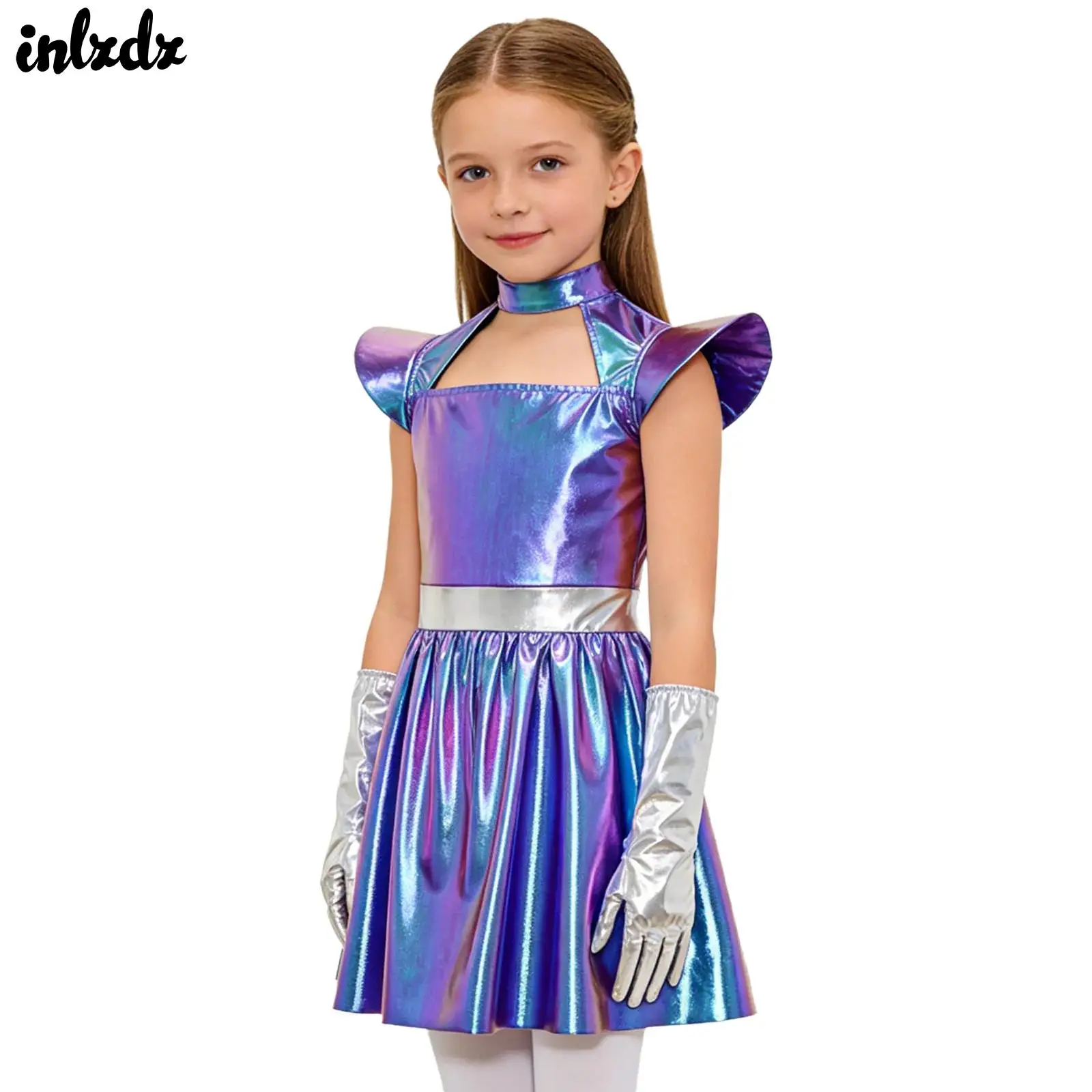 

Girls Alien Outer Space Cosplay Themed Party Costume Metallic Back Zipper Ruffled Robot Astronaut Dress with 1 Pair Gloves
