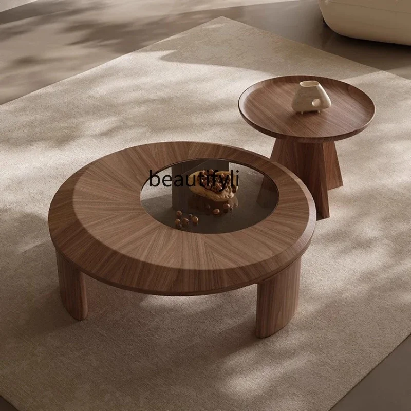 Round Tempered Glass Walnut Coffee Table Combination Home Living Room Creative