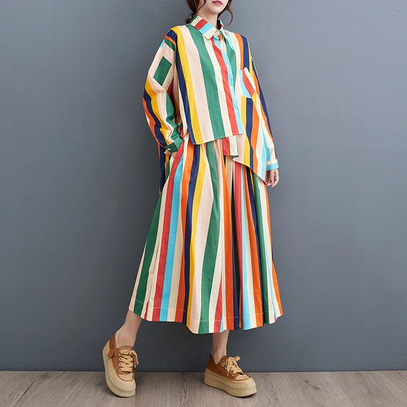 Autumn New Fashion Casual Women\'s Skirt Sets Striped Irregular Long Sleeve Shirt Long Skirt Two Piece Set Women Spring 2024