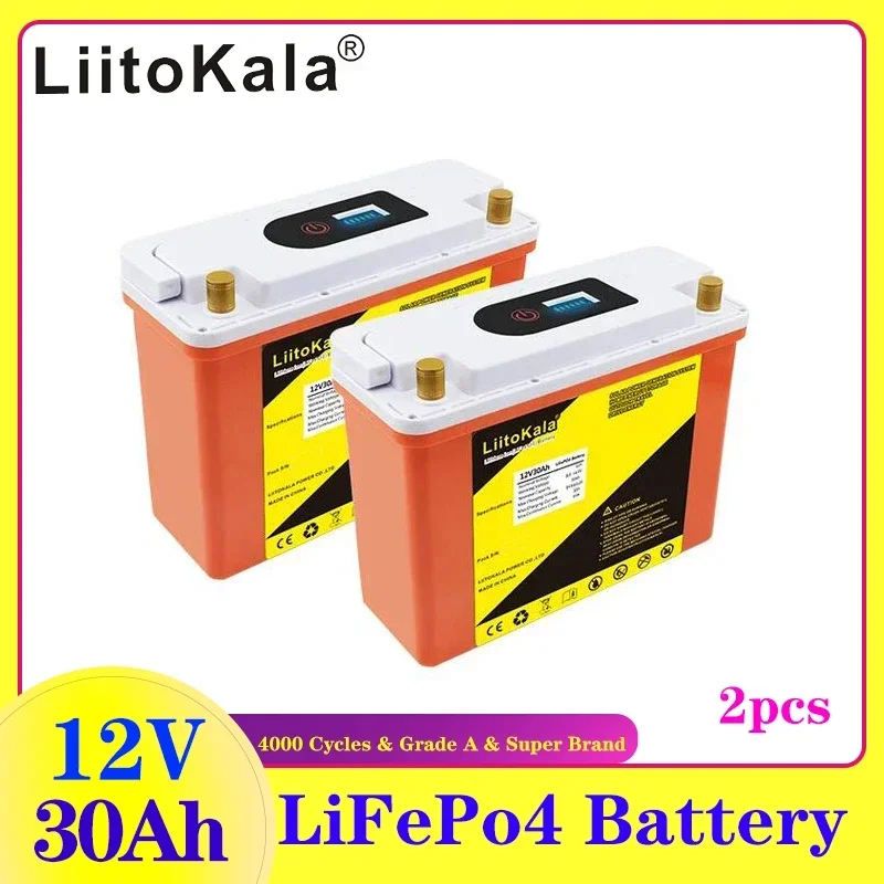 LiitoKala 충전식 리튬 다리미 인산염 배터리, 어린이 스쿠터 보트 모터용, LiFePo4 배터리, 12.8V, 30Ah, 12V, 2 개