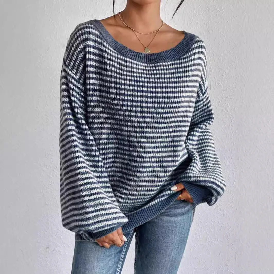 Nowy sweter damski z odkrytymi ramionami, rękawami typu nietoperz i dzianinowy top w paski z blokami kolorów, luźny sweter oversize, swobodna bluzka w stylu boho chic.