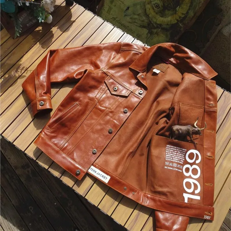 A washed hand-aged full-grain cowhide coat without lining  leather