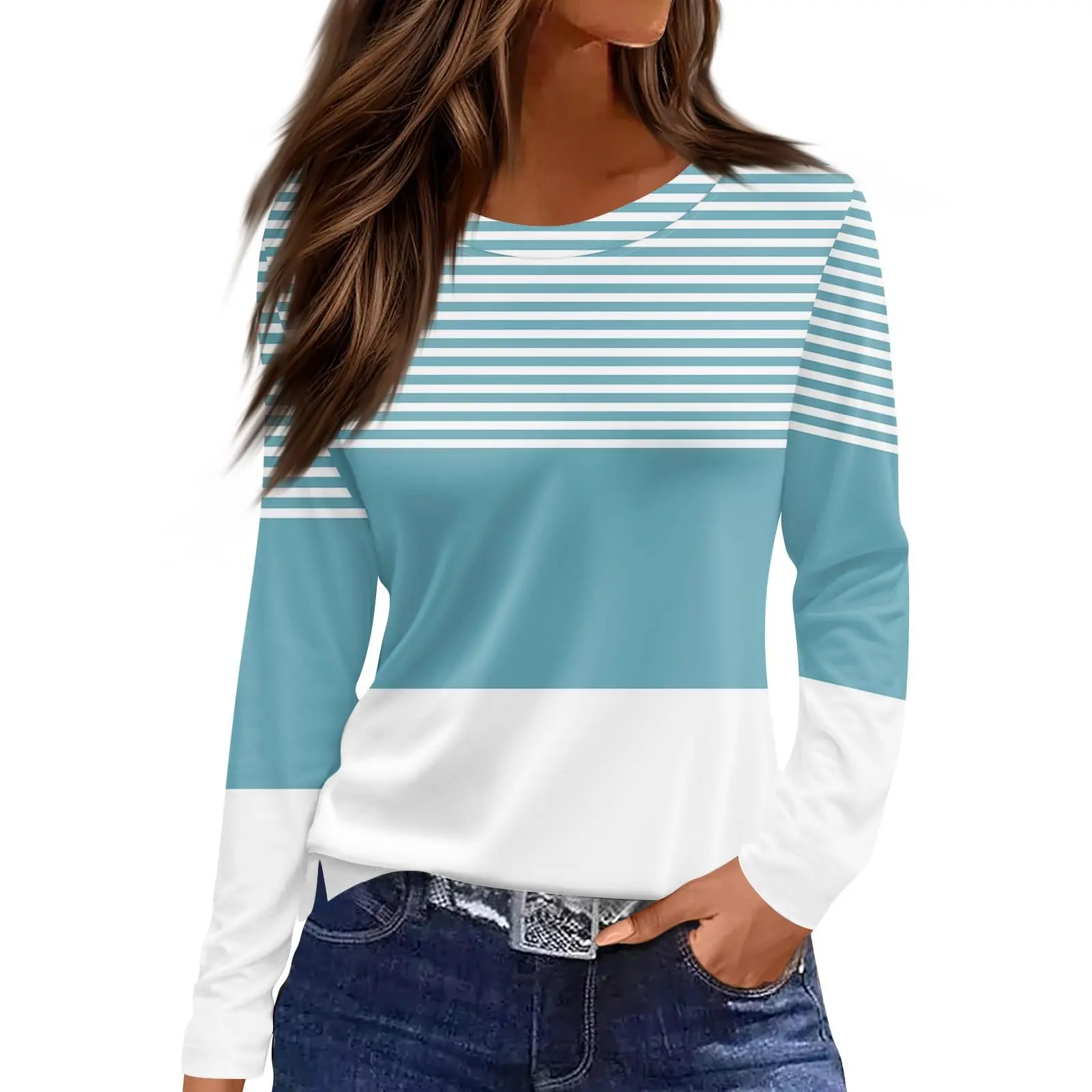 Camiseta holgada informal con estampado de rayas degradadas en 3D para mujer, Top de fin de semana de vacaciones Regular con cuello redondo y manga larga a la moda