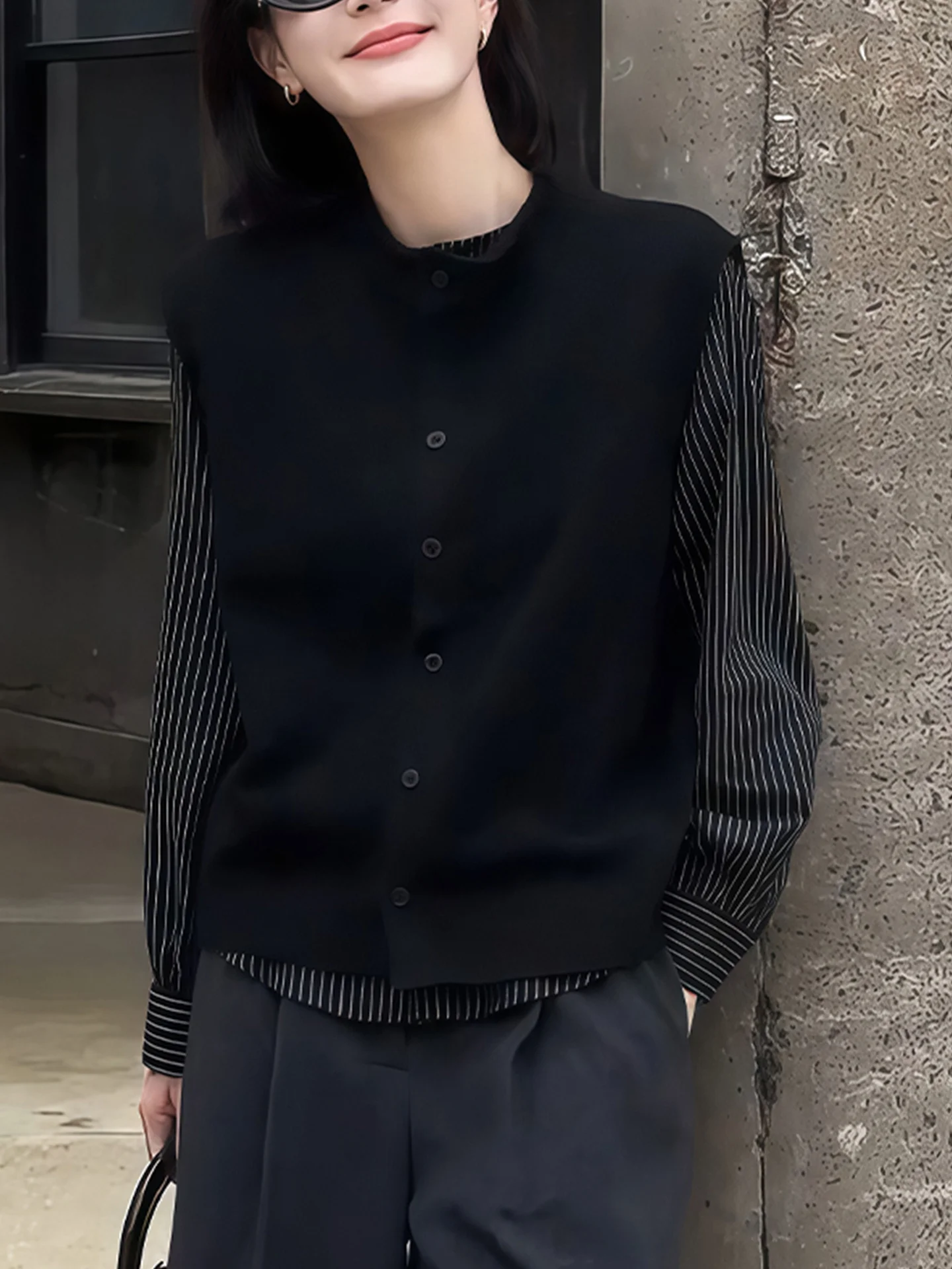 سترة نسائية بسيطة التصميم بزر واحد وياقة مستديرة، كارديجان أنيق للخريف