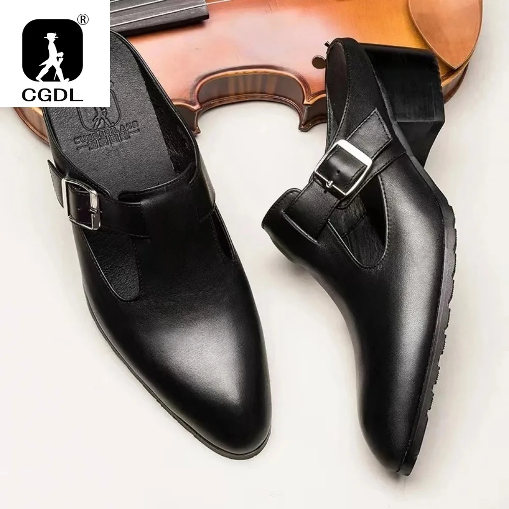 Italian Men\'s Genuine Leather Slippers Handmade 2024 Summer Man Office Shoes 5 Cm Heels Comfortable Buckle Sandals with Height