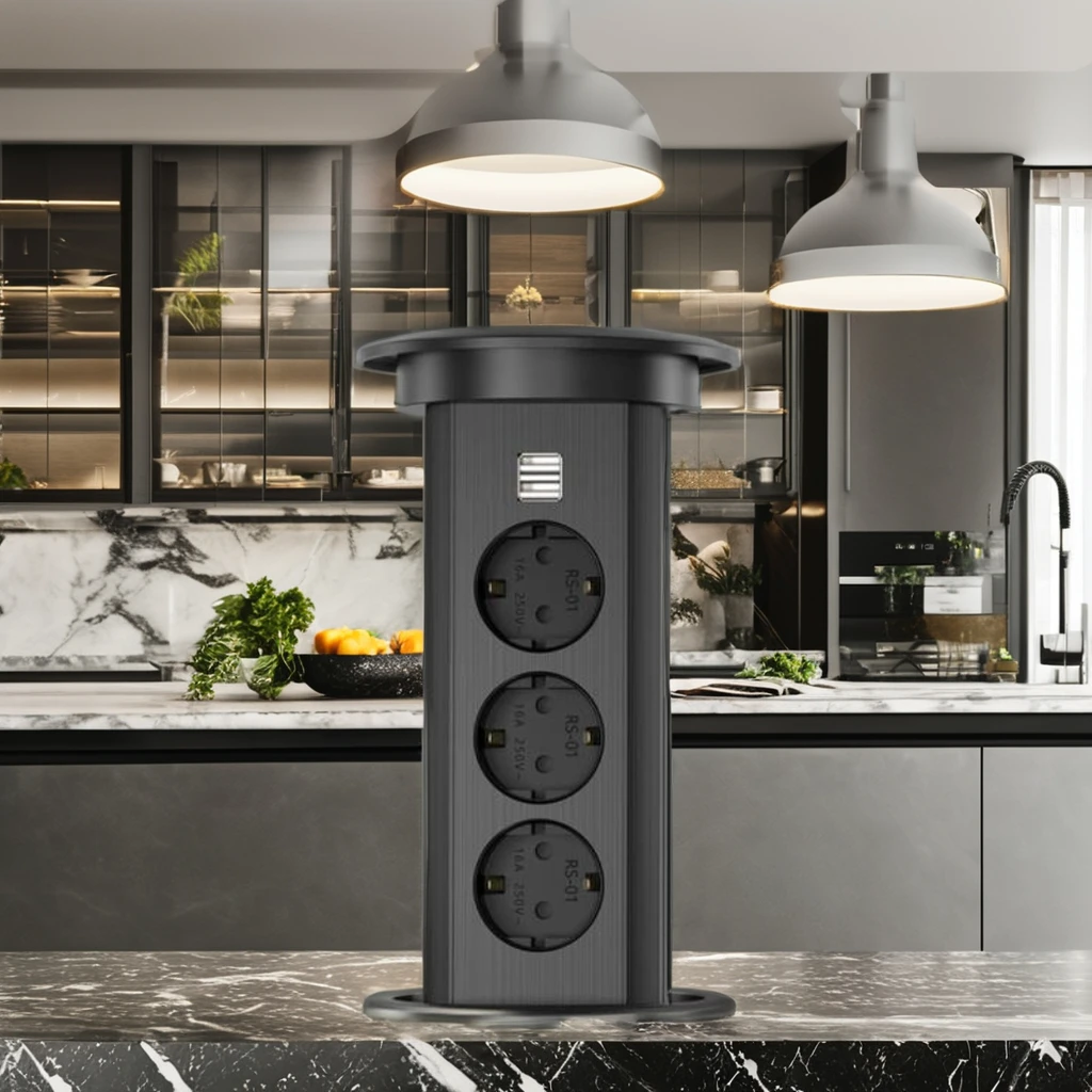 Marble Waterproof Kitchen Bar Counter Wireless Charging USB European Standard Black/Silver Retractable Hidden Table Socket 3 16A