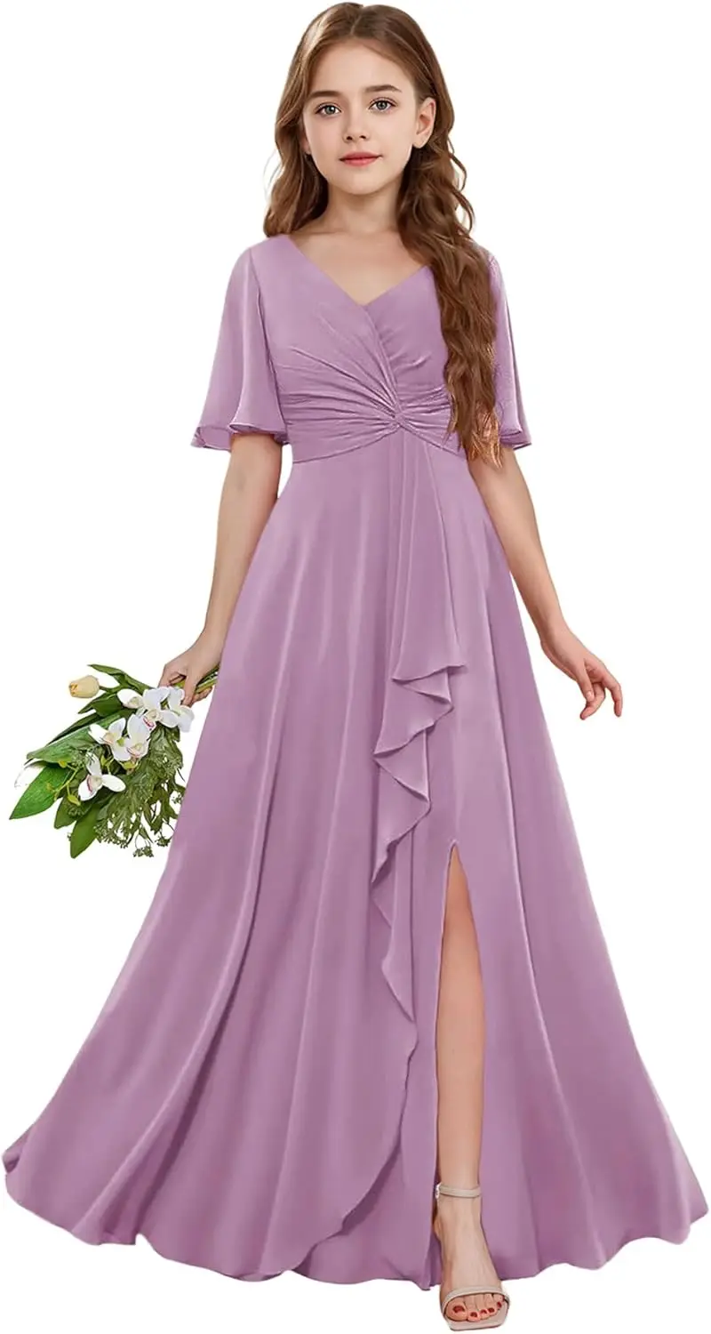 슬릿 브이넥이 있는 A라인 주니어 신부 들러리 드레스 보헤미안 러플 쉬폰 플라워 걸 드레스 십대 소녀를 위한 정장 드레스