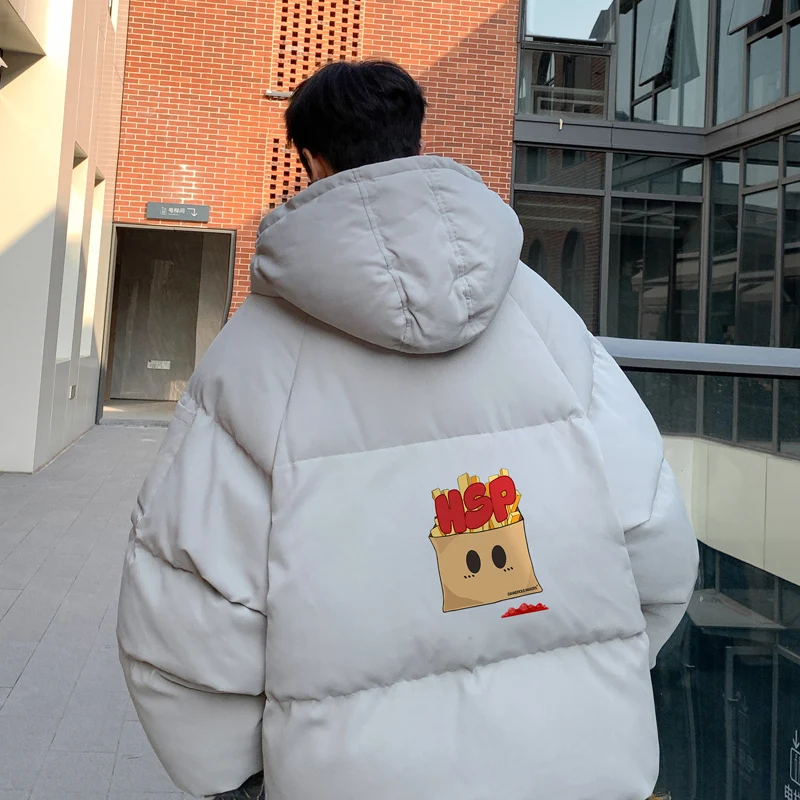 Fashion Winter Bread Jacket for Men Warm Male Parkas Big Size French Fries Print Men's Cotton Coat Oversize Men Clothing 2024