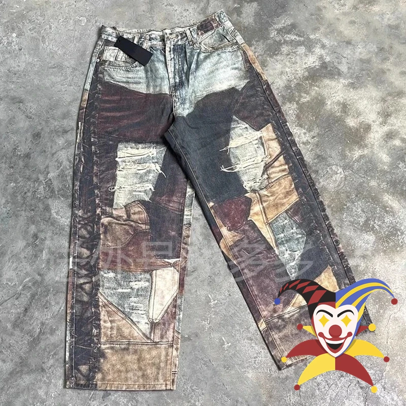 Retro kamuflaż Tie Dye Hole Patchwork CARGO spodnie męskie kobiety kilka kieszeni spodnie dresowe ze sznurkiem