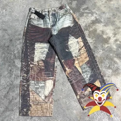 Retro Camouflage Tie Dye Hole Patchwork CARGO Workwear Pants Men Women Multi Pocket Jogger Drawstring Sweatpants