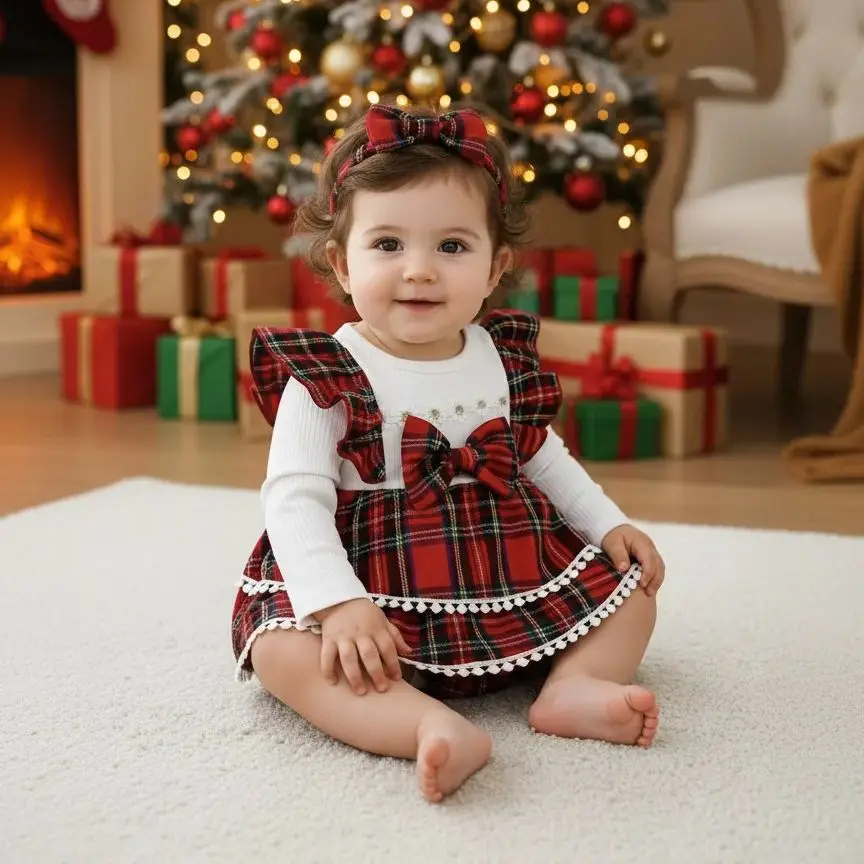Baby Girl Autumn Winter Red Plaid Lace Bow Dress, Exquisite Christmas Red Plaid Dress, Baby Girl Sweet Fashion Double Layer Dress