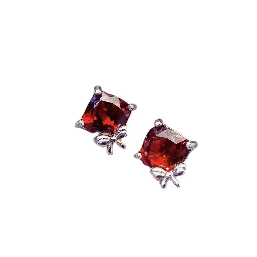 

SHILOVEM 925 Sterling Silver real Natural Garnet Stud Earrings Fine Jewelry Women party wholesale New 6mm le060655ags