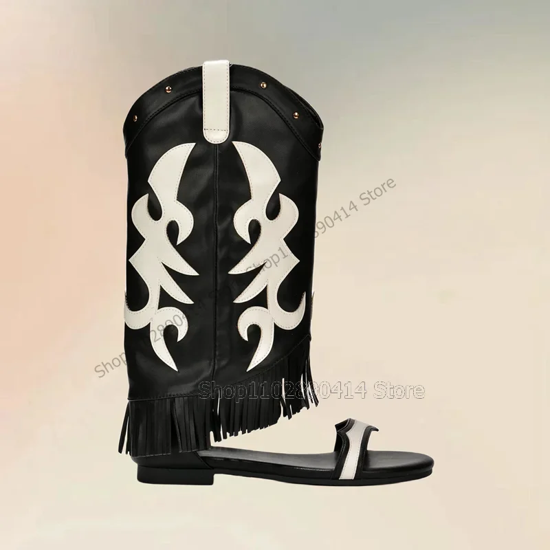 

Black Tassels Totem Design Rivets Decor Sandals Boots Slip On Women Shoes Low Top Novel Fashion Party 2023 Zapatos Para Mujere