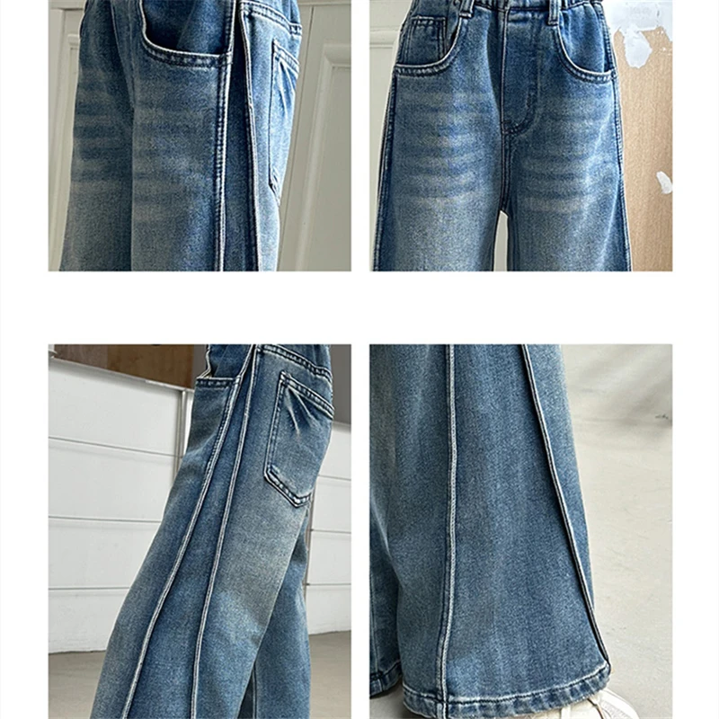 جديد الخريف توين فتاة الجينز الأزرق الداكن طوي واسعة الساق الدنيم السراويل الاطفال الطفل الربيع عالية الخصر الجينز السراويل سن 4 إلى 14 Y #6