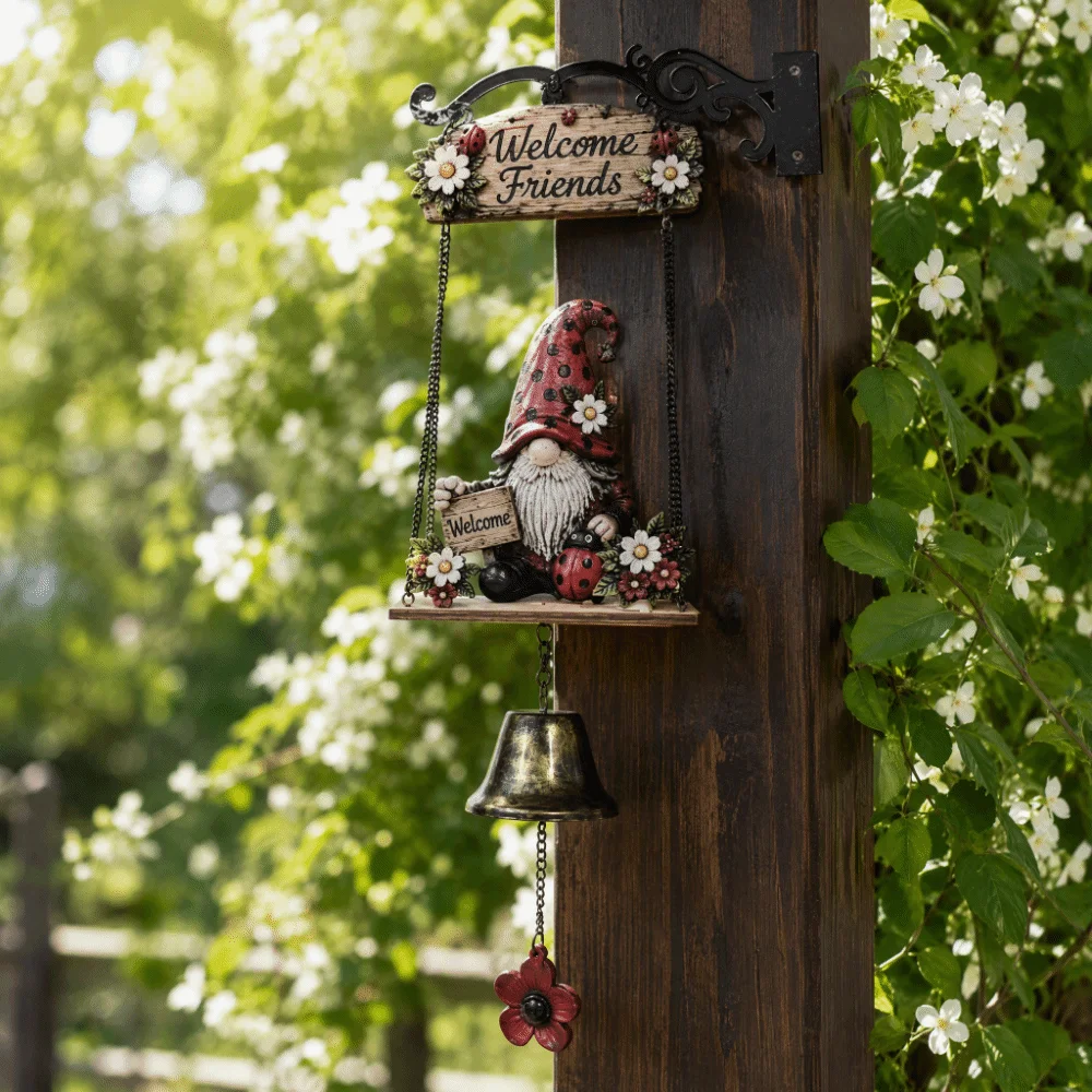 Metal Bell Gnome Welcome Sign 7.1x16.9in Rustic Finish Gnome Doorbell Decor Integrated Outdoor Welcome Ornament For Fence