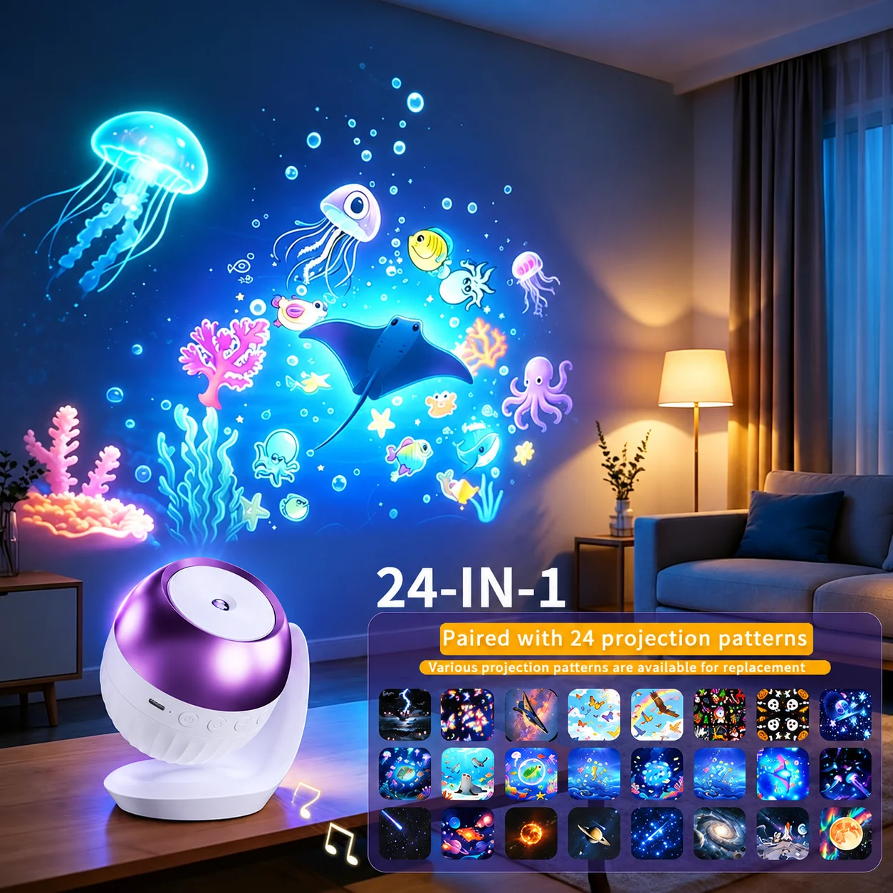 USB Powered Ocean Projection 24 Patterns 360° Rotatable Projection Night Light with Sleep Sound for Bedroom Christmas Decor Gift