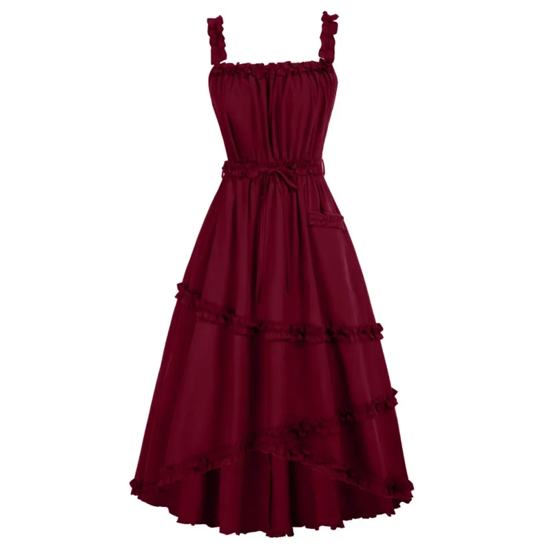 Sexy Burgundy Fungus Edge Waist Long Suspender Dress Ladies European American Ruffle Backless A-line Slimming Evening Dresses