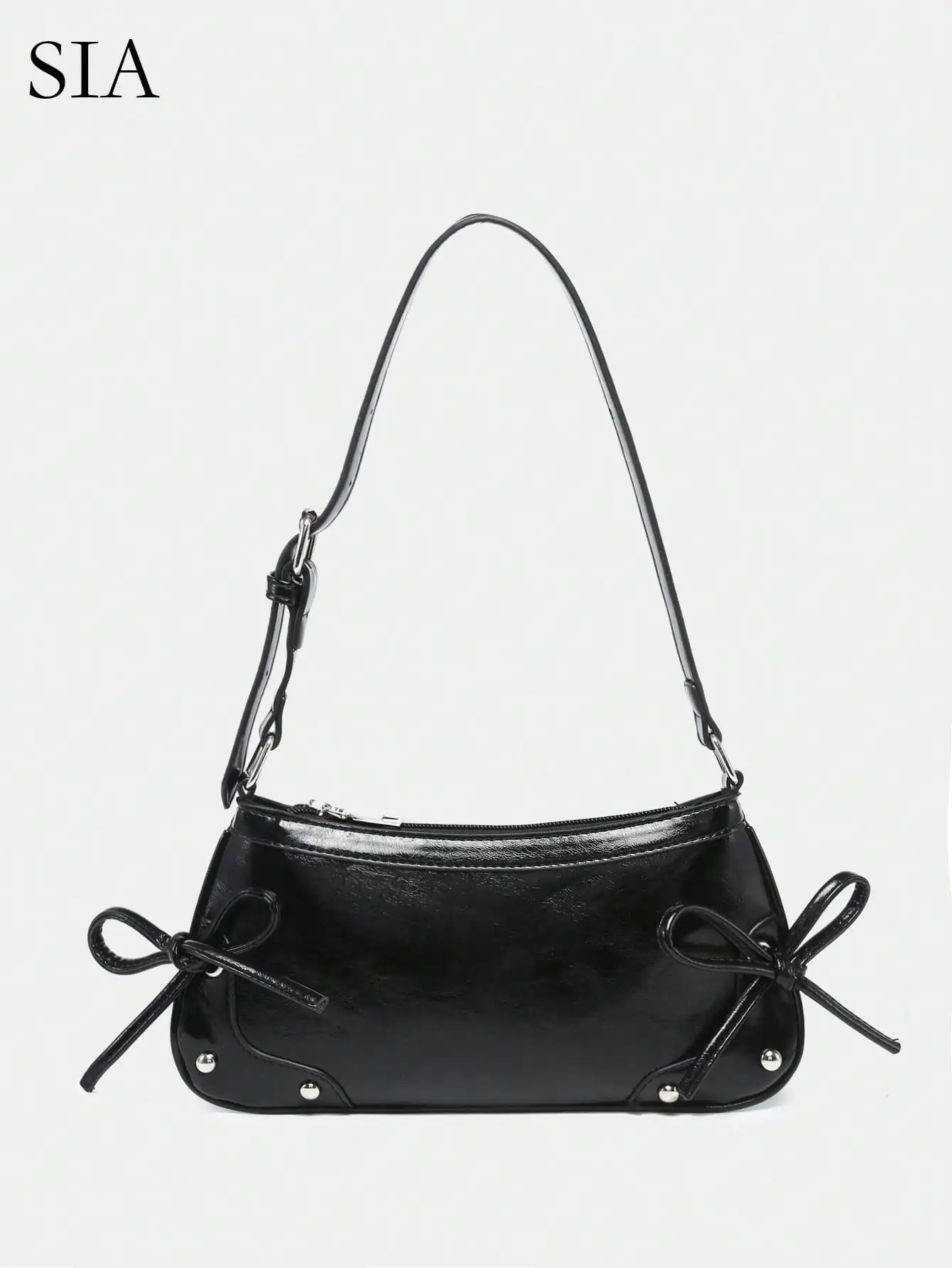 

Black Glossy Bow-Trimmed Shoulder Bag with Studs and Adjustable Strap