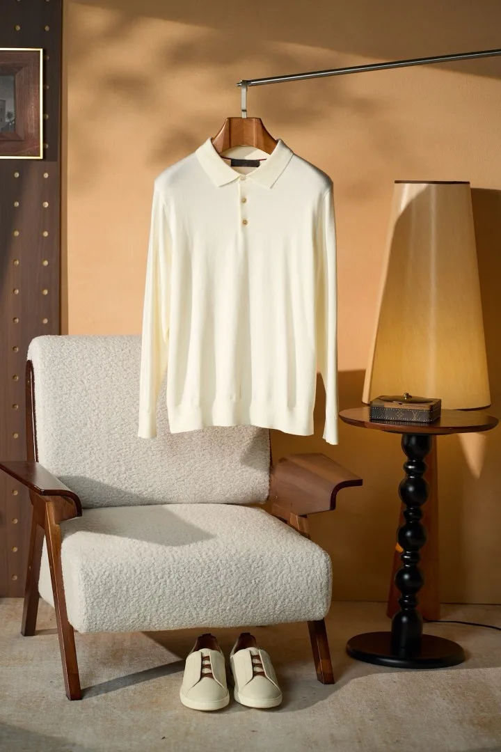LP Men Long Sleeve Knit Polo Shirt Business Casual Turn Down Collar Three Button Autumn Winter New