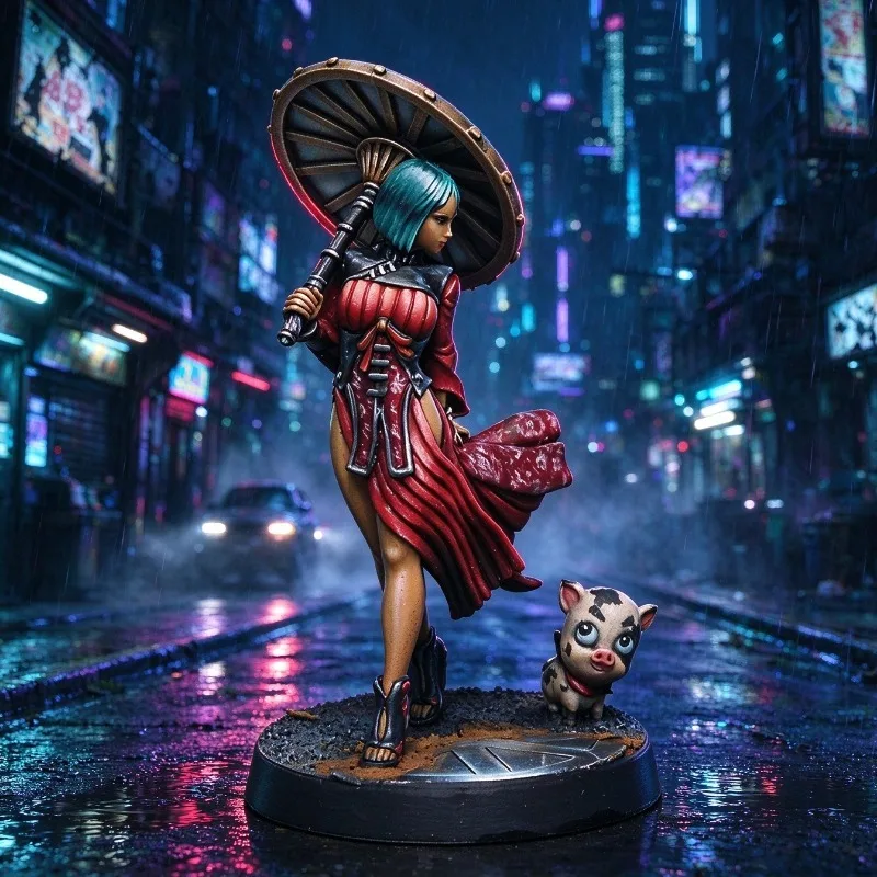 28mm Cyberpunk Mercenary Girl With Umbrella & Pet Pig, Resin Wargame Miniature Hobby Collectible Unassembled and Unpainted Model