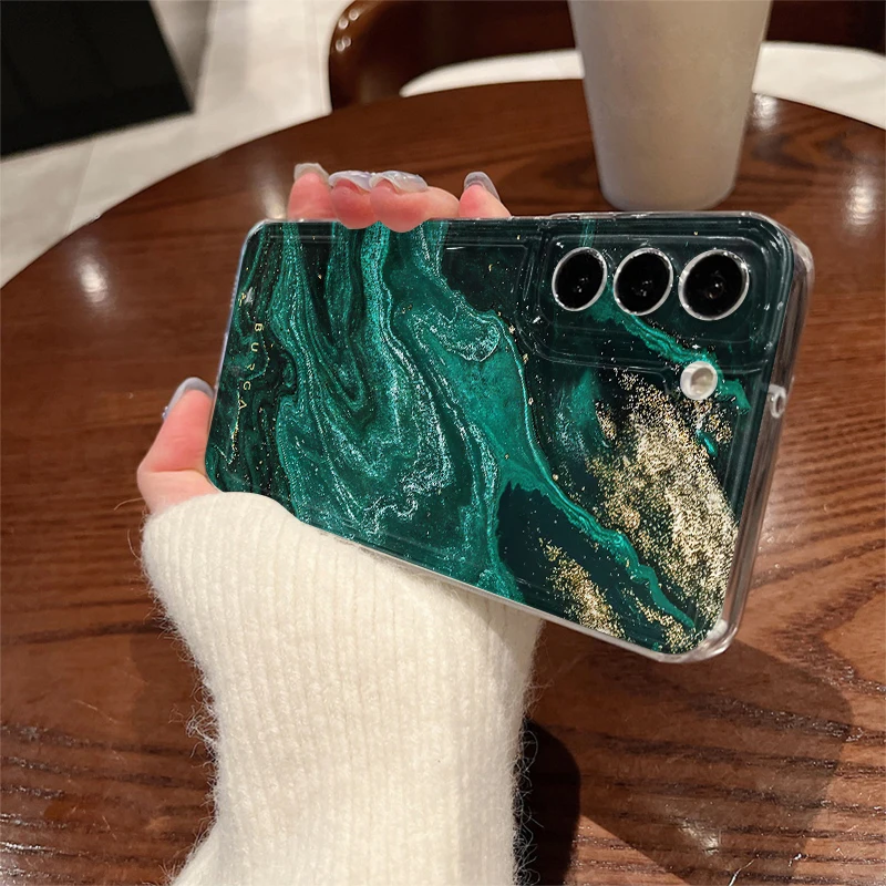 Emerald Green Quicksand Phone Case For Samsung S24 S23 S22 Ultra Plus S21 A55 A54 A53 A52 A25 A15 5G Anti Drop Silicone Cover