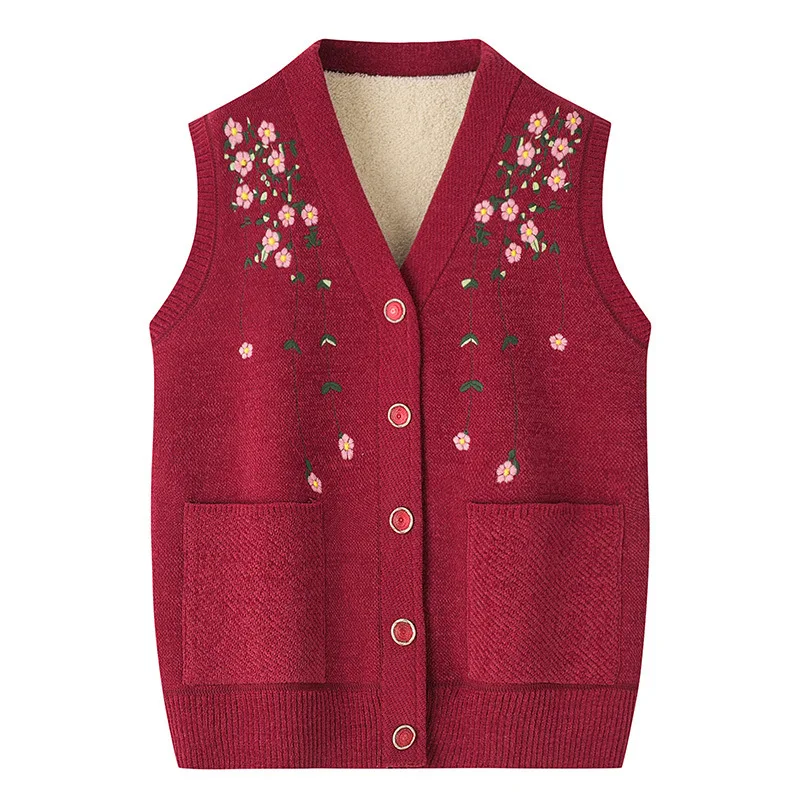 Grandma\'s Vest Autumn Winter Embroidered Middle Aged Mother\'s Outfit Cardigan Jacket Knitwears Sweater Women Plus Velvet Sueter