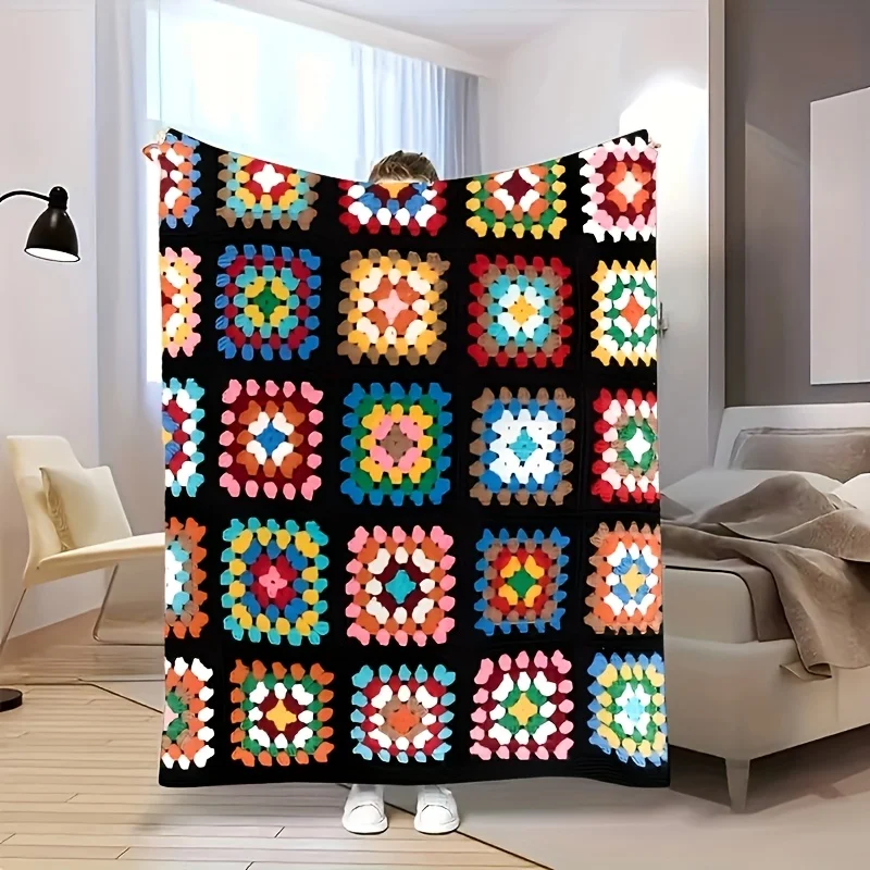 Bright Colorful Geometric Granny Square Patchwork Knit Throw Blanket for Sofa Bed Couch Decor Quilt Winter Gift