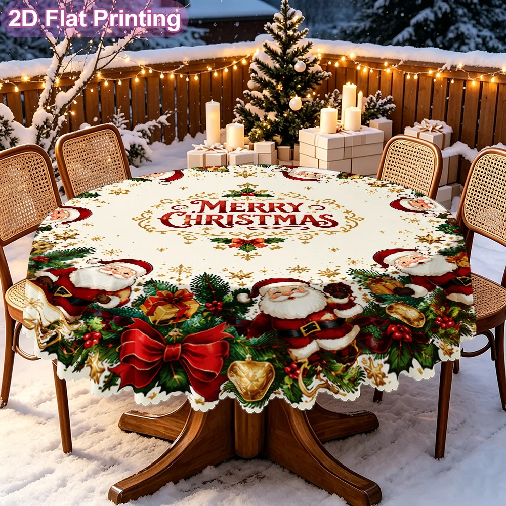 2D flat 1-piece tablecloth, elegant Merry Christmas Santa Claus wreath decorative pattern round tablecloth