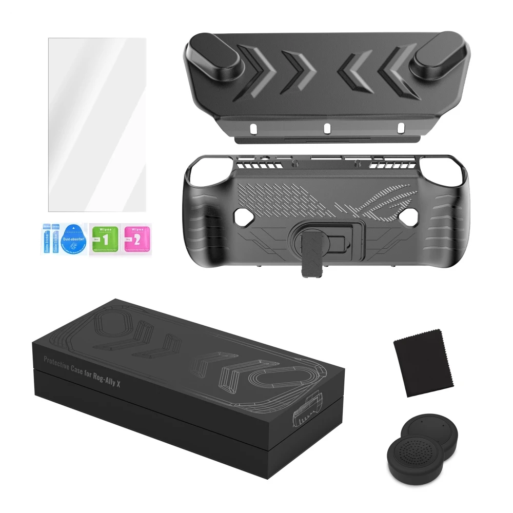 For ROG Ally X Gaming Console TPU Case + Top Cover With Back Stand AllyX Tempered Film Rocker Cap Set