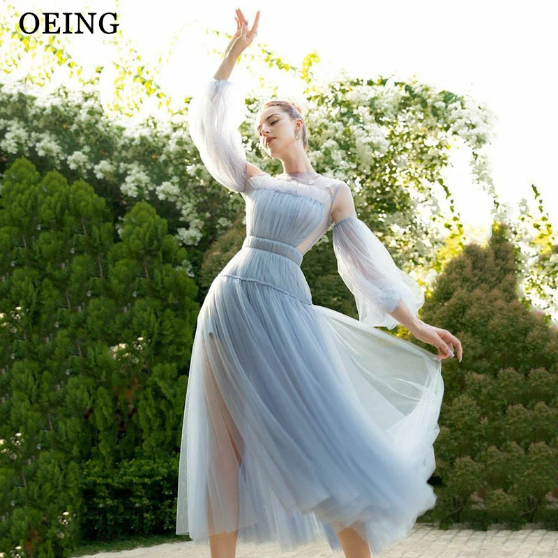 

OEING A-Line Sky Blue Princess Prom Dress Elegant O-Neck Illusion Party Gowns Tea-Length Evening Dress Customized