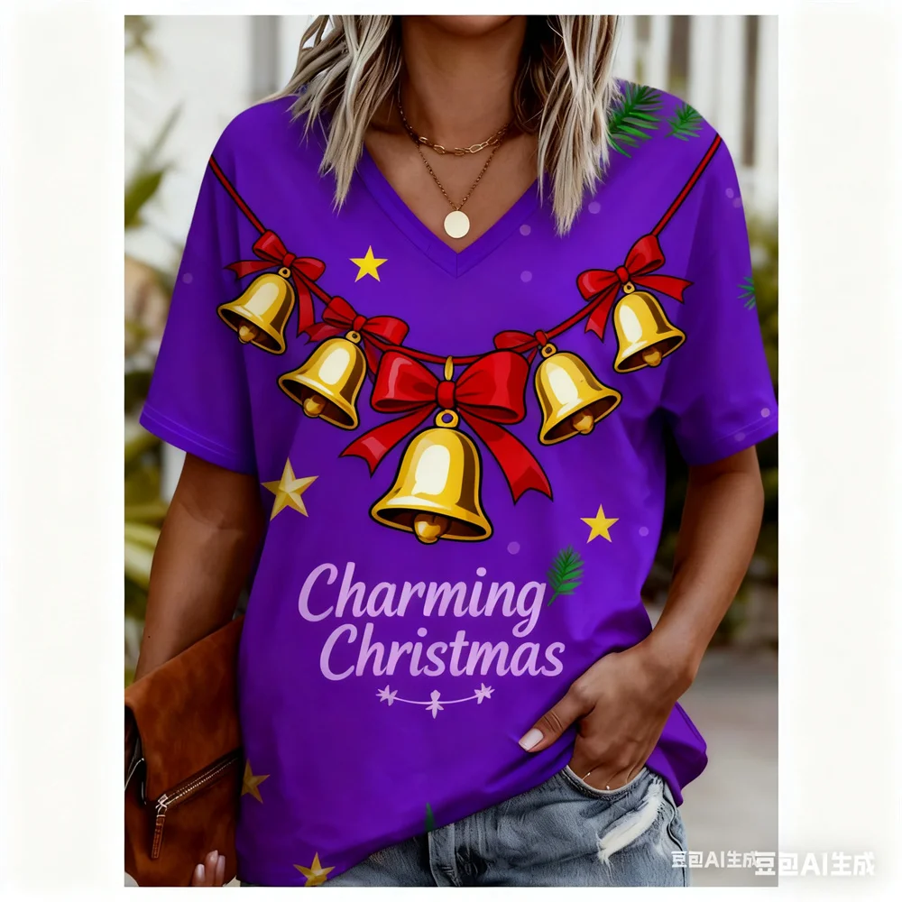 크리스마스 여성 티셔츠 3D 패턴 인쇄 v 넥 티셔츠 빠른 건조 새해 티셔츠 새로운 여성상의 여성용 y2k 의류