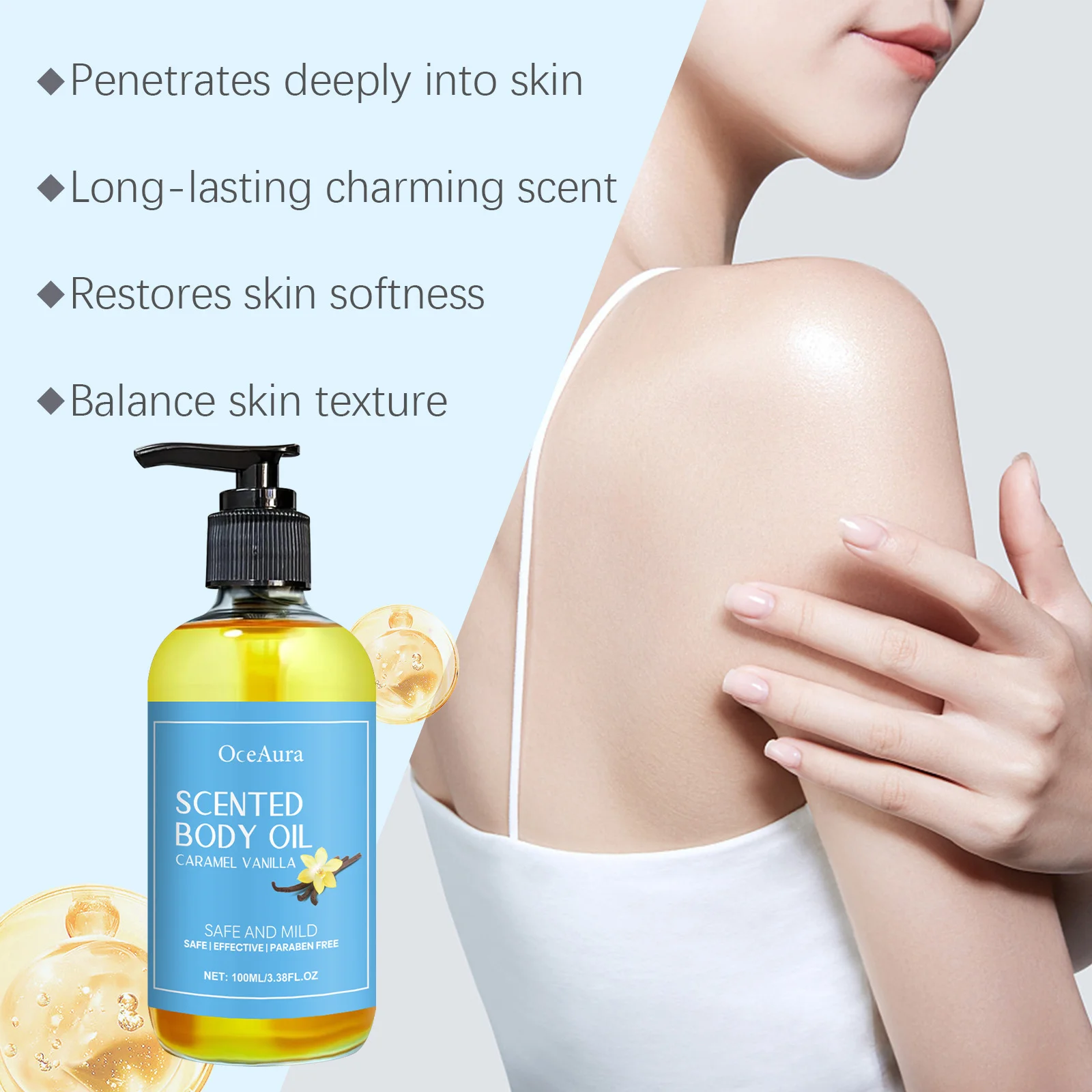 Huile de Massage corporel à la vanille, améliore l'hydratation, soulage le Stress, renforce, nourrissante, relaxante musculaire, huiles essentielles végétales de SPA