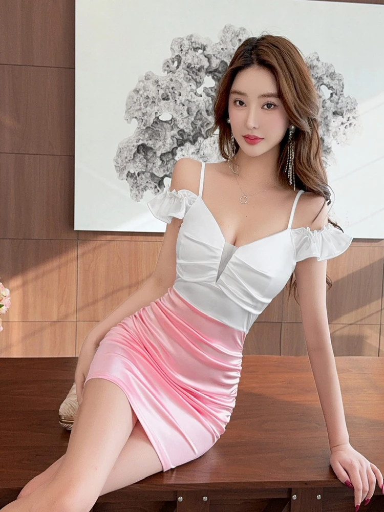 Foamlina Women's Color Match Satin Dress Summer Chic Spaghetti Strap Off Shoulder V Neck High Waist Ruched Bodycon Party Dress