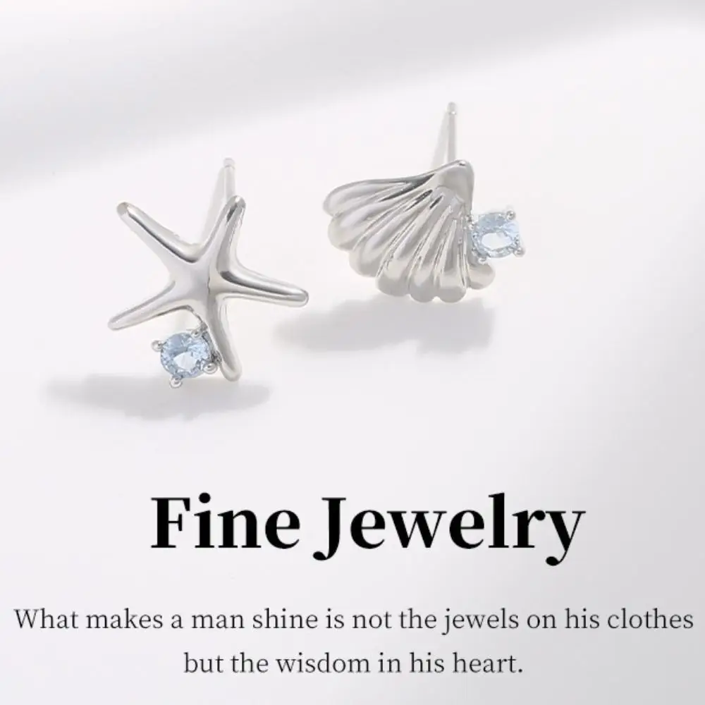 Delicate Shell Starfish Earrings Beach Style 925 Sterling Silver Asymmetry Stud Earrings Silver Color Blue Zircon