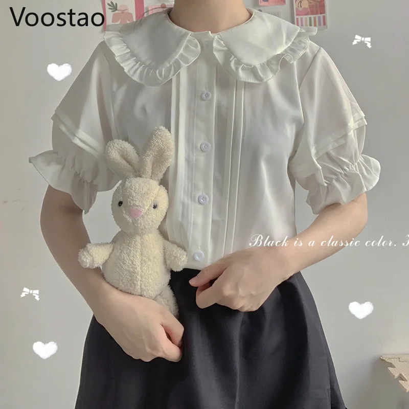 Japanese Sweet Lolita Style Blouses Women Kawaii Peter Pan Collar JK Shirts Girls Cute Ruffles Short Puff Sleeve Blusas Mujer